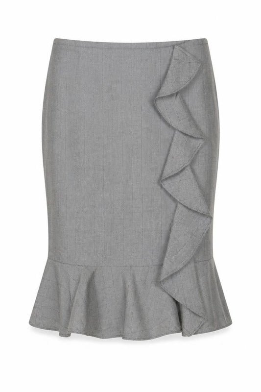 Front view of Marks & Spencer women’s grey plaid polyester trumpet skirt, size UK 10, zip