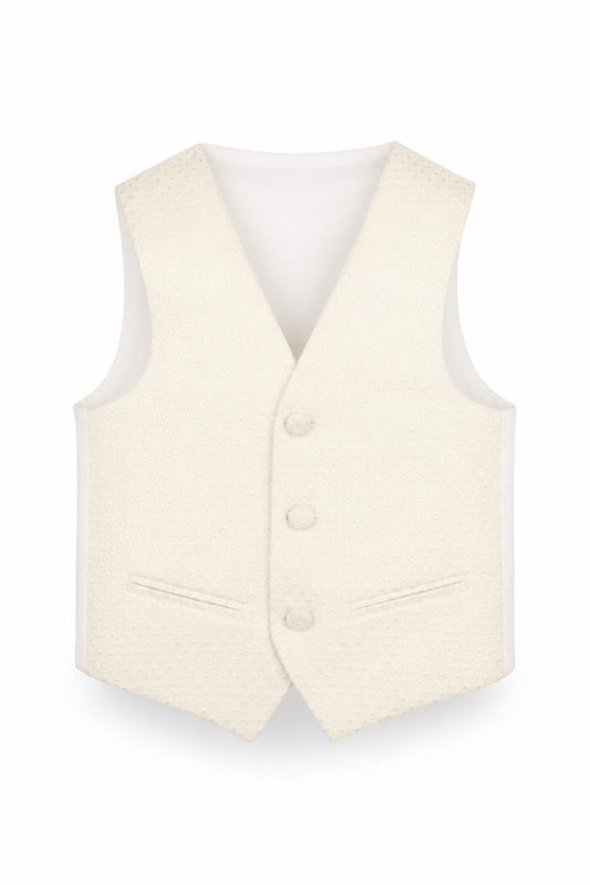 Front view of Pronuptia boys’ ivory geometric jacket waistcoat, size 2-3, years button