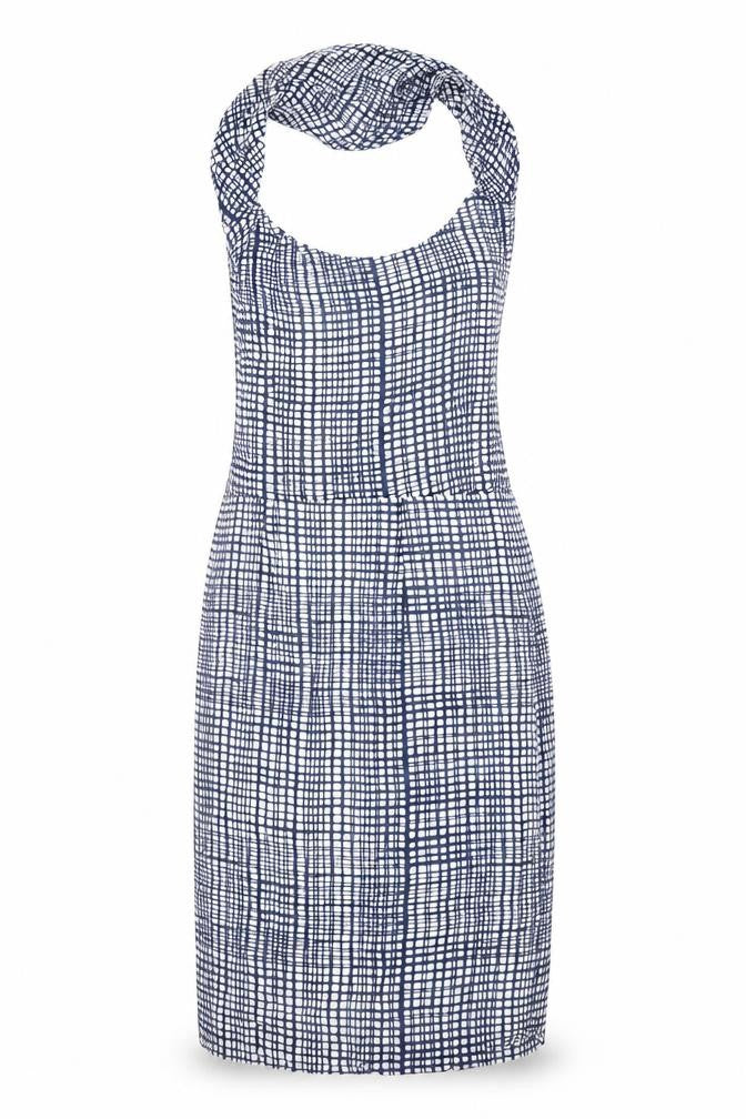 Front view of Great Plains women’s blue geometric polyester pencil dress, size L, halter zip