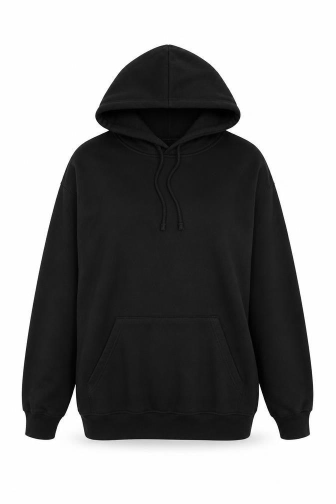 Front view of Uneek women’s black cotton pullover hoodie, size M, pullover