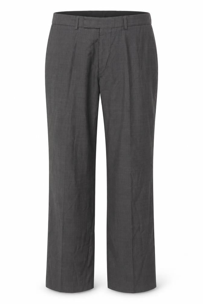 Front view of Preworn women’s grey polyester trousers, size UK 32, in regular zip