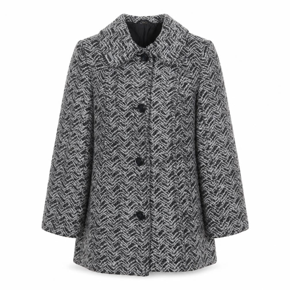 Front view of EWM women’s grey geometric overcoat coat, size UK 14, button