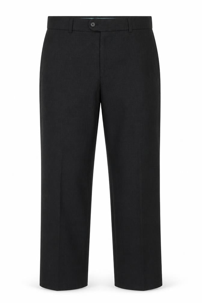 Front view of Tom English men’s grey polyester trousers, size 32, in regular zip