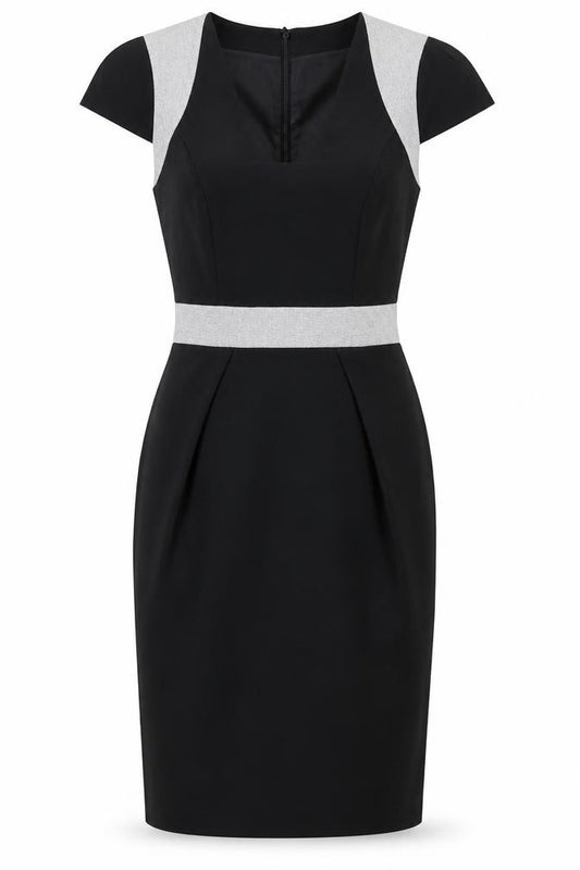 Front view of Dorothy Perkins women’s black polyester sheath, size UK 8, v-neck zip