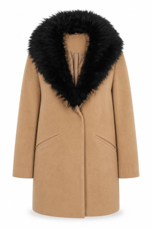 Front view of Atmosphere women’s beige overcoat coat, size UK 8, snap