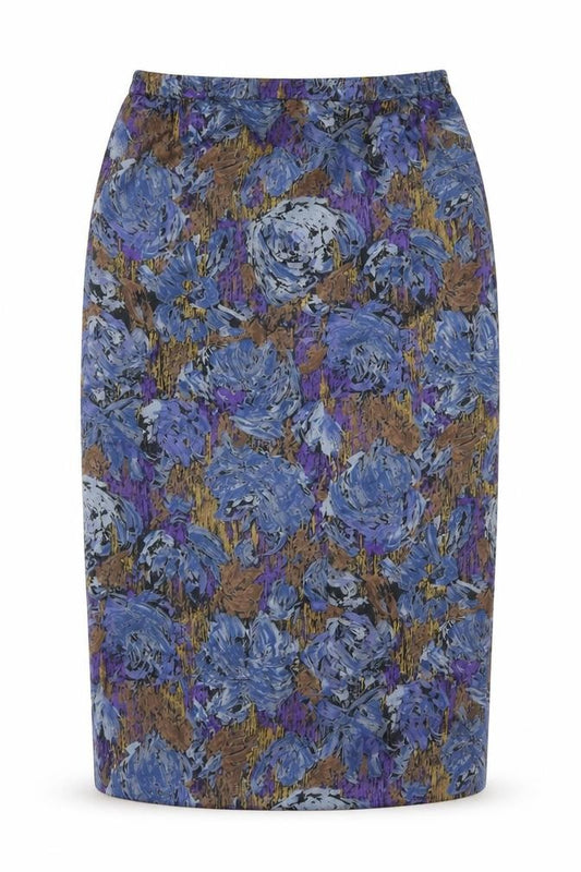 Front view of Preworn women’s blue geometric polyester straight & pencil skirt, size UK 34, in zip