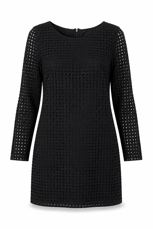 Front view of Next women’s black geometric 100% cotton a-line, size UK 12, boat neck zip