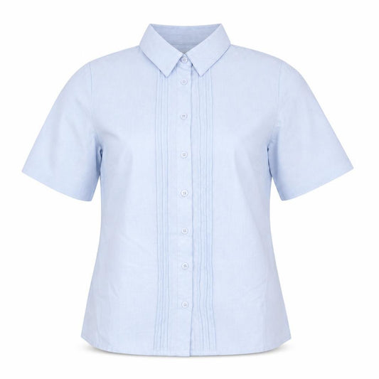 Front view of EWM women’s blue polyester basic button-up, size UK 12, collared