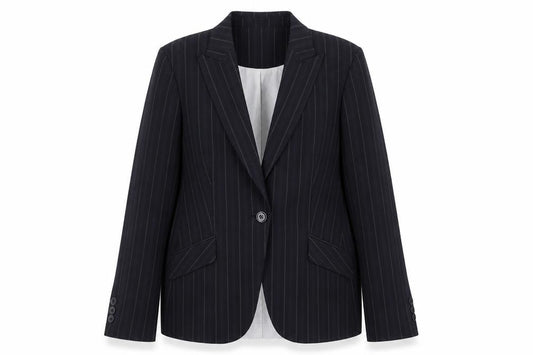Front view of Next women’s blue striped polyester jacket blazer, size UK 14