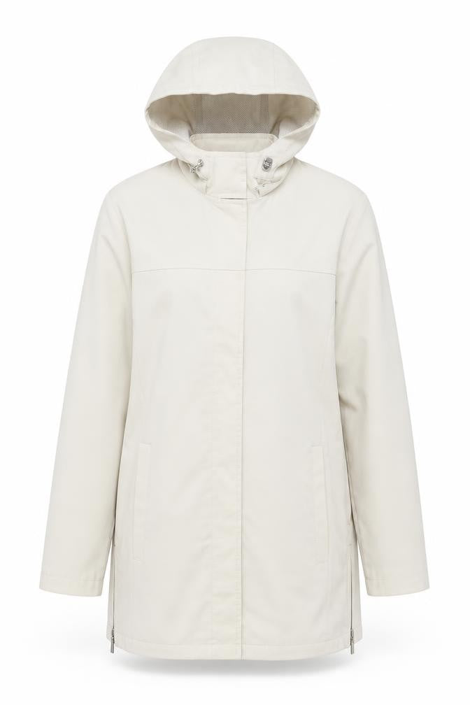 Front view of SCL sport women’s beige rain coat coat, size UK 8, zip