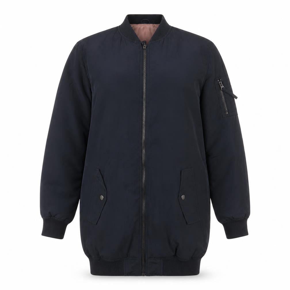 Front view of Atmosphere women’s black military jacket coat, size UK 6, zip