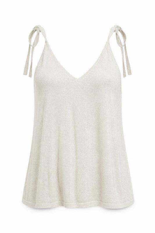 Front view of Monsoon women’s gold acrylic basic tank, size S, v-neck