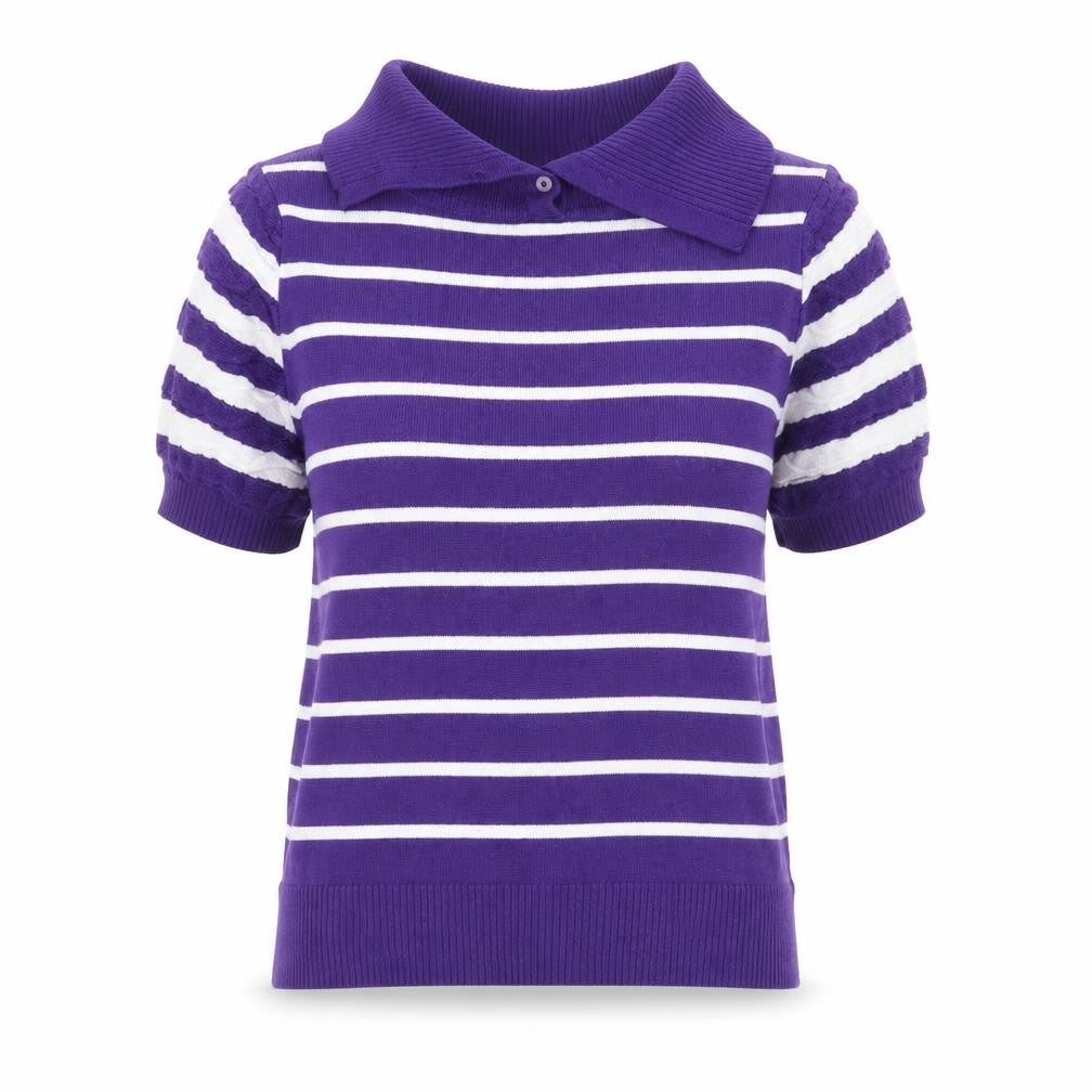 Front view of Paradiso women’s purple collared striped wool jumper, size UK 12