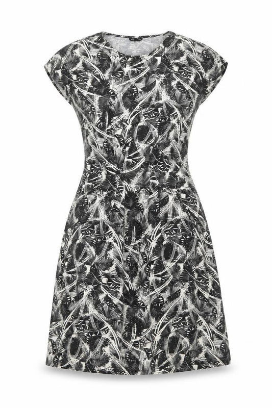 Front view of Warehouse women’s grey geometric viscose fit & flare, size UK 10, round neck pullover