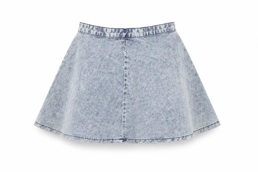 Front view of Topshop women’s blue cotton skater skirt, size UK 8, zip