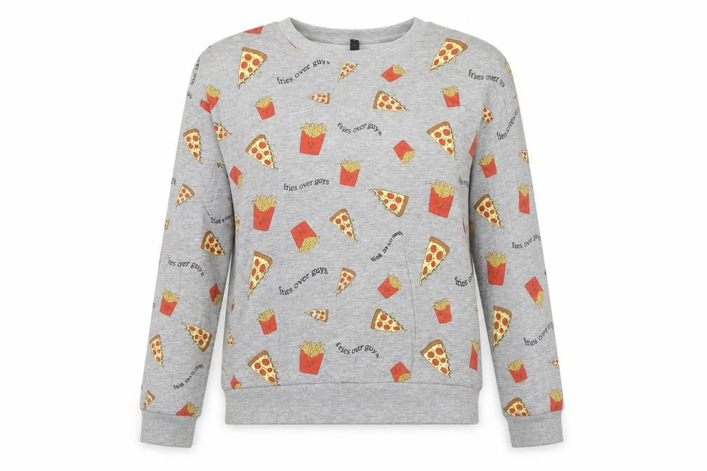 Front view of H&M women’s grey cotton pullover sweatshirt, size S, pullover - pizza & fries