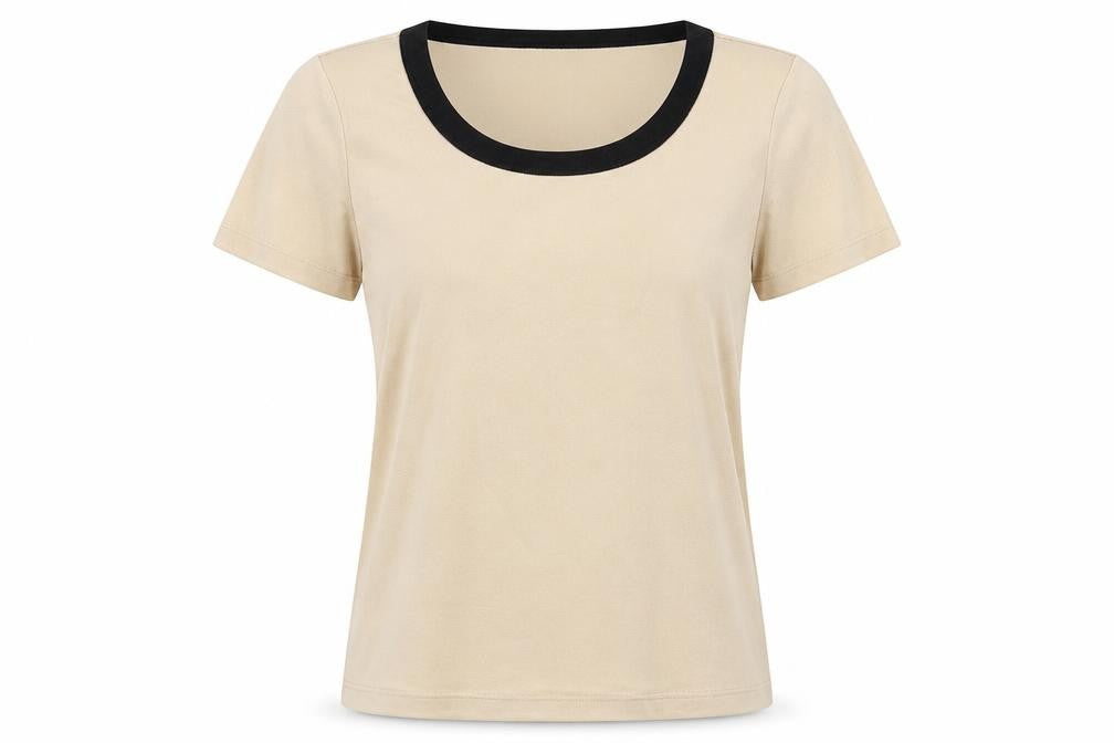 Front view of Casamia women’s beige viscose basic t-shirt, size S, round neck