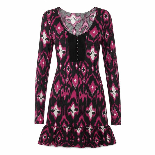 Front view of Papaya women’s purple geometric viscose a-line, size UK 10, scoop neck tie - drop hem