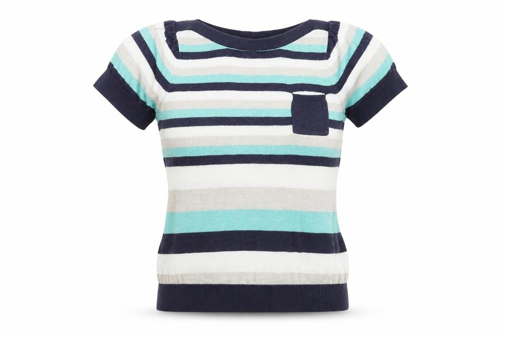 Front view of Dorothy Perkins women’s multicoloured striped cotton basic blouse, size UK 10, round neck