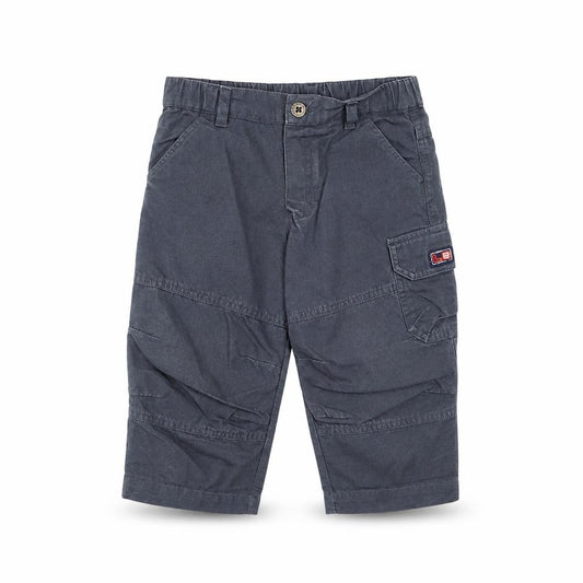 Front view of Ladybird boys’ grey cotton cargo trousers, size 12-18, months l50 cm button