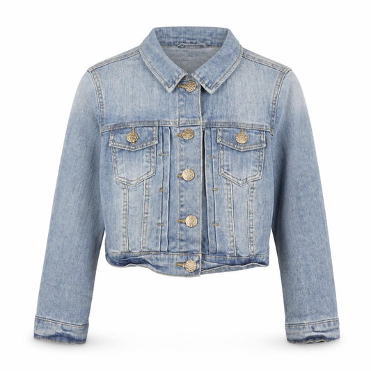 Front view of Denim & Co. women’s blue jacket, size UK 8, button