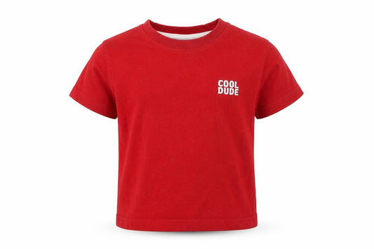 Front view of Adams boys’ red cotton basic t-shirt, size 12-18, months round neck pullover - cool dude