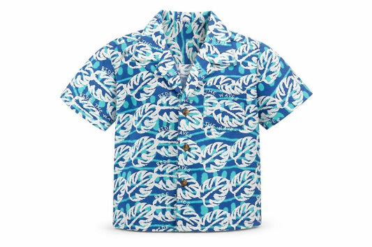 Front view of Mothercare boys’ blue geometric cotton basic button-up, size 9-12, months v-neck button