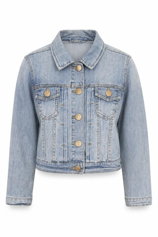 Front view of Denim & Co. women’s blue jacket, size UK 8, button