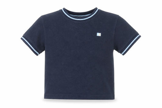 Front view of Adams boys’ blue cotton basic t-shirt, size 12-18, months round neck pullover