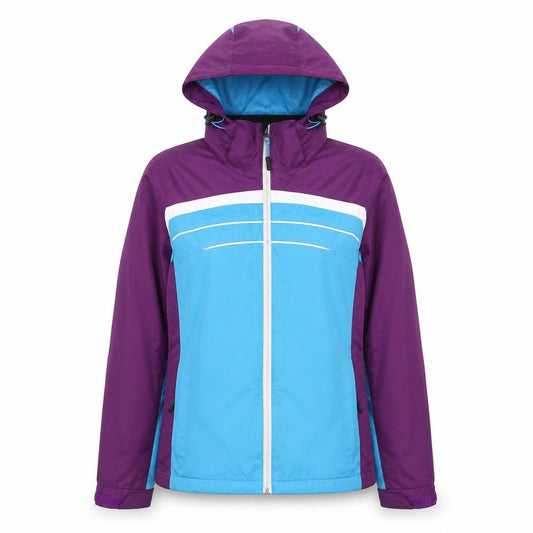 Front view of Cribit women’s purple geometric jacket, size UK 12, zip