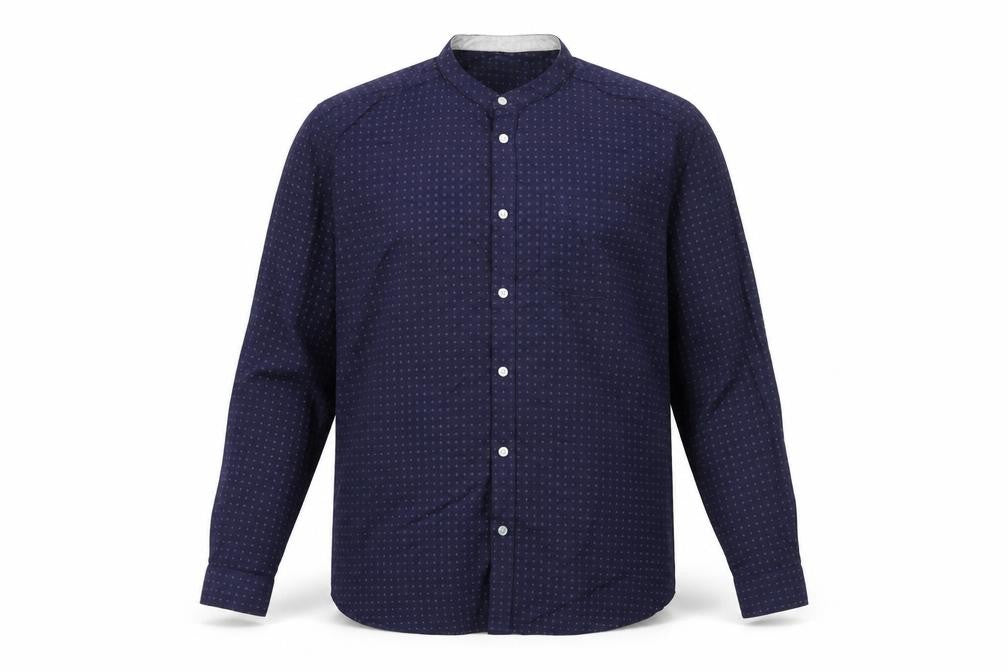 Front view of Easy men’s blue geometric cotton button-up, size L, round neck button