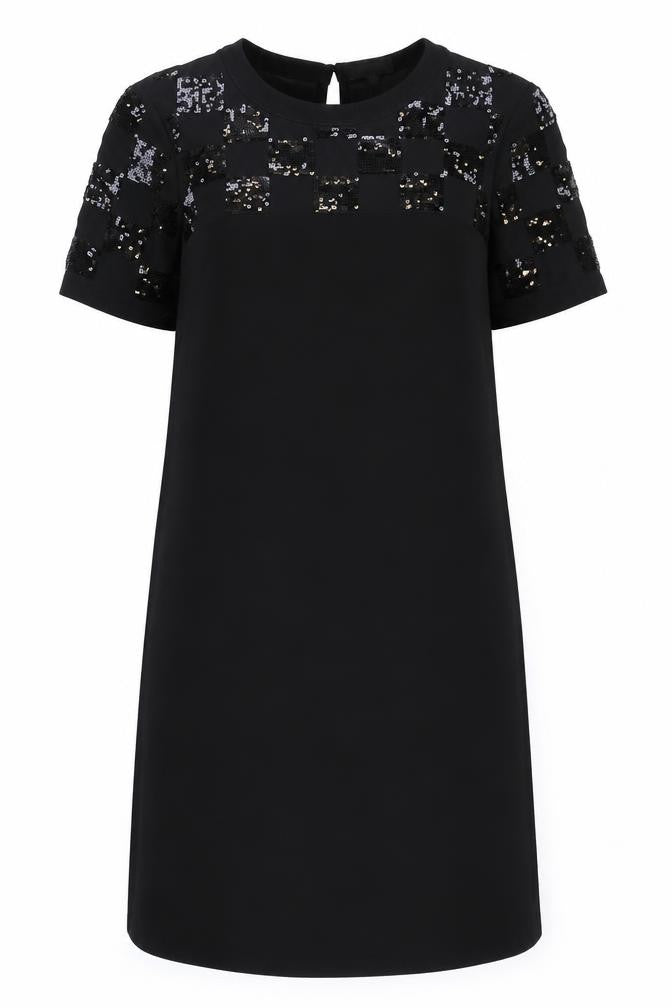 Front view of Debenhams women’s black polyester a-line, size UK 10, round neck button