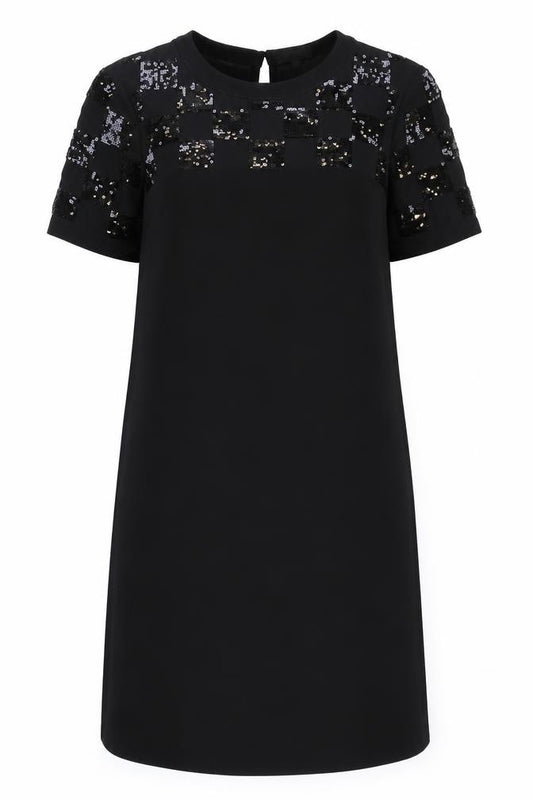 Front view of Debenhams women’s black polyester a-line, size UK 10, round neck button