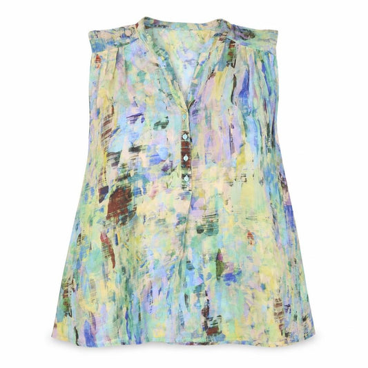 Front view of b.young women’s multicoloured geometric polyester basic tank, size UK 12, v-neck