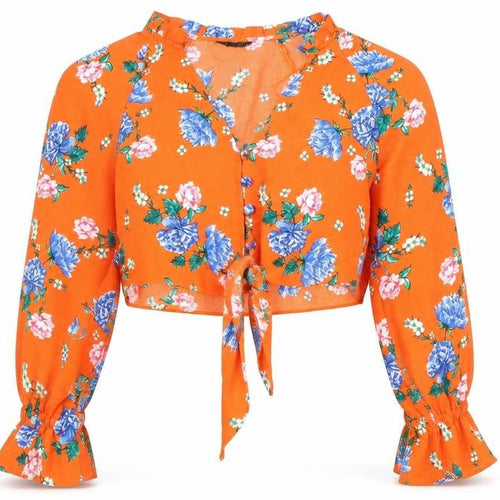 Topshop Womens Orange Floral Polyester Cropped Blouse Size 4 V-Neck