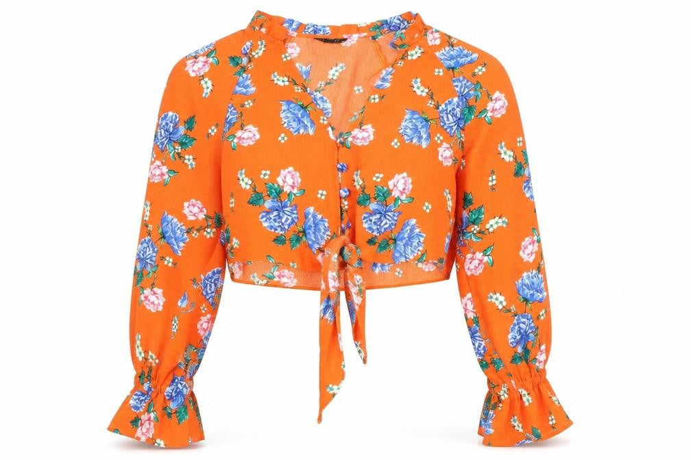 Topshop Womens Orange Floral Polyester Cropped Blouse Size 4 V-Neck