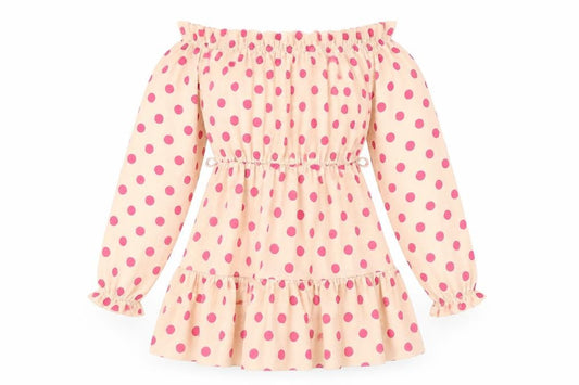 Front view of PRETTYLITTLETHING women’s beige polka dot polyester a-line, size UK 8, off the shoulder pullover