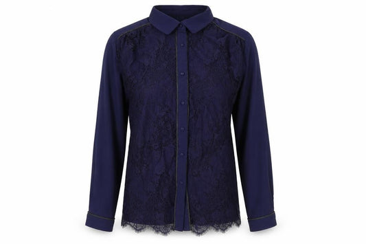Front view of Grace & Mila women’s black polyester basic button-up, size M, collared - lace detail