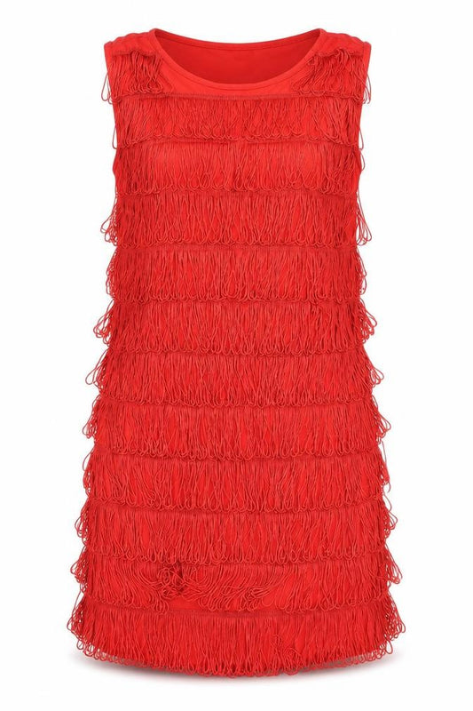 Front view of women’s red polyester a-line, size L, round neck pullover