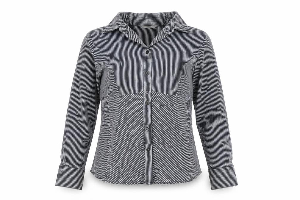 Front view of Marks & Spencer women’s black striped viscose basic button-up, size UK 14, v-neck