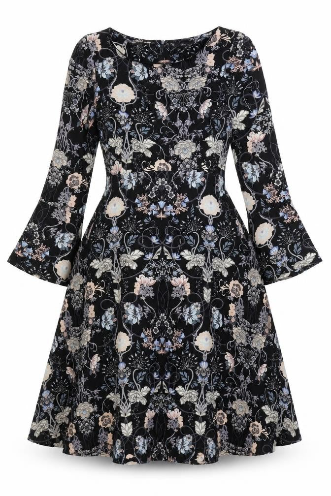 Front view of M&Co women’s black geometric polyester fit & flare, size UK 10, round neck zip
