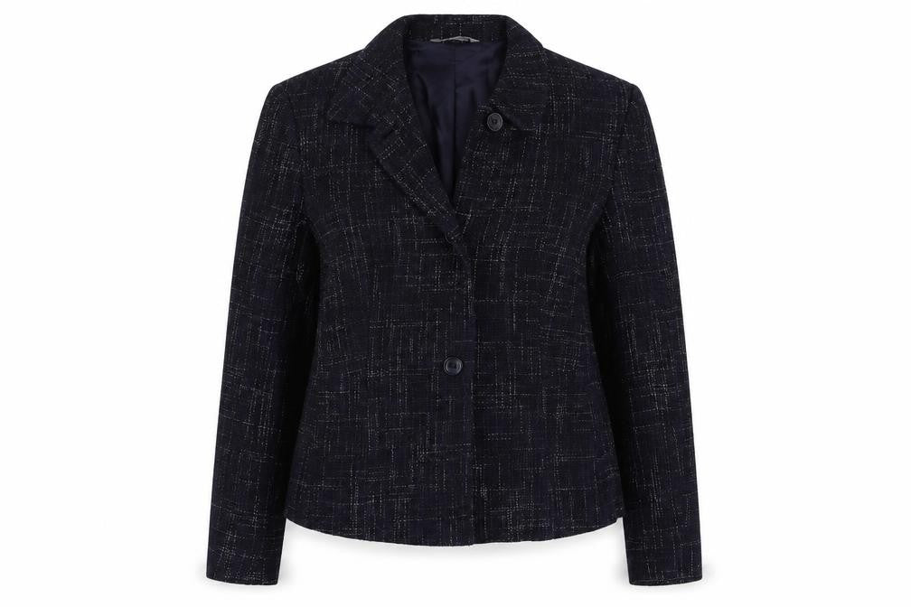 Front view of Marks & Spencer women’s blue geometric linen jacket blazer, size UK 14