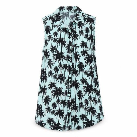 Front view of H&M women’s blue geometric viscose basic button-up, size UK 4, collared - tree print