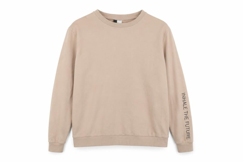 Front view of H&M women’s beige cotton pullover sweatshirt, size M, pullover