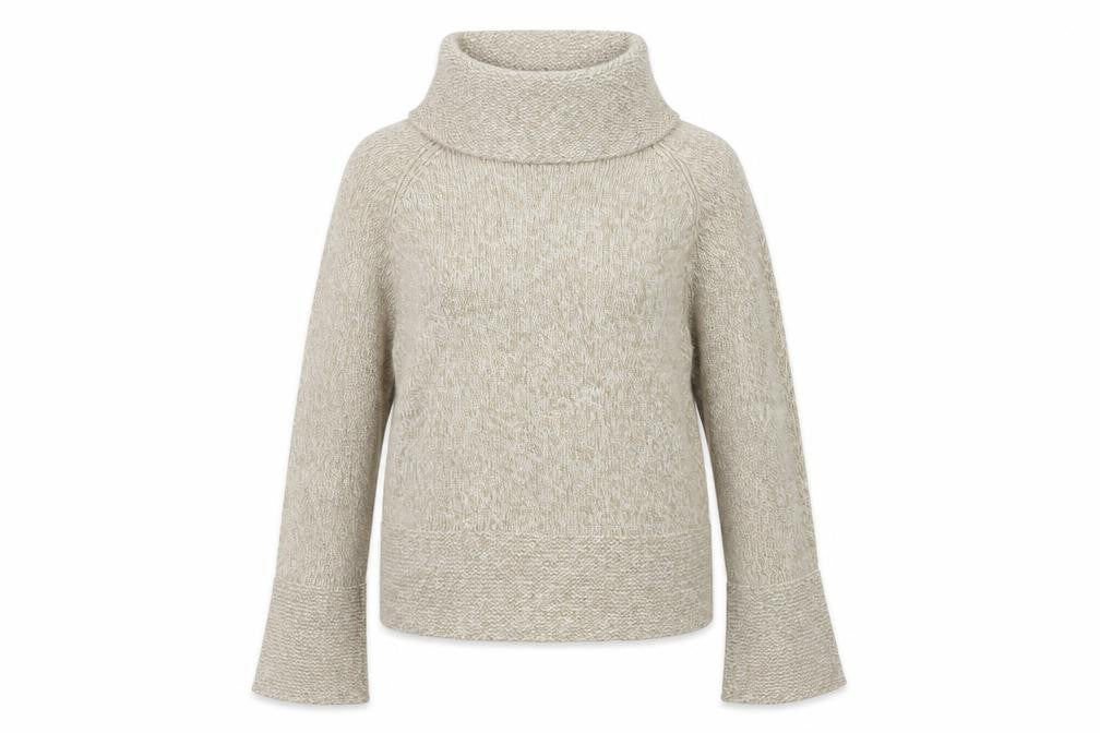 Front view of White Edition women’s beige roll neck acrylic jumper, size UK 16