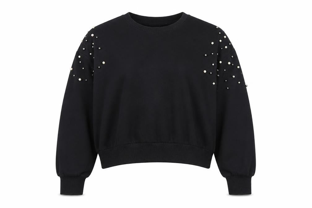 Front view of New Look women’s black cotton pullover sweatshirt, size UK 6, pullover