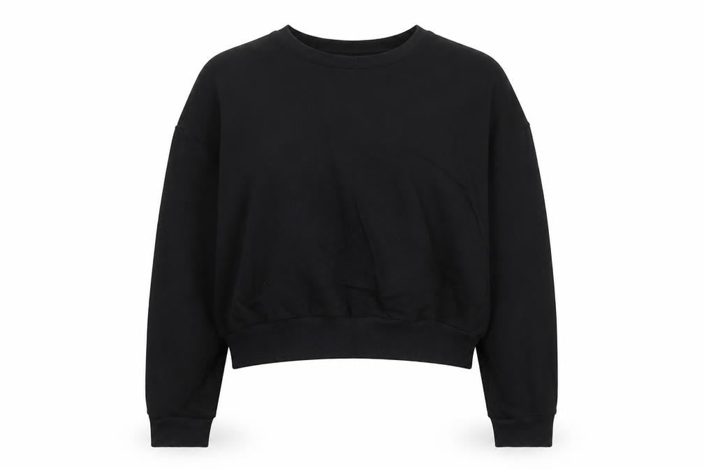 Front view of ASOS women’s black cotton pullover sweatshirt, size UK 12, pullover