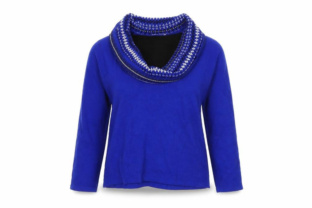 Front view of Lizzi women’s blue cowl neck acrylic jumper, size S