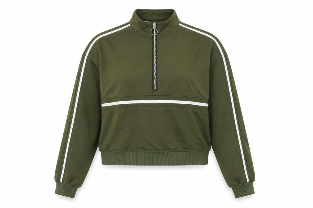 Front view of women’s green polyester pullover sweatshirt, size L, zip