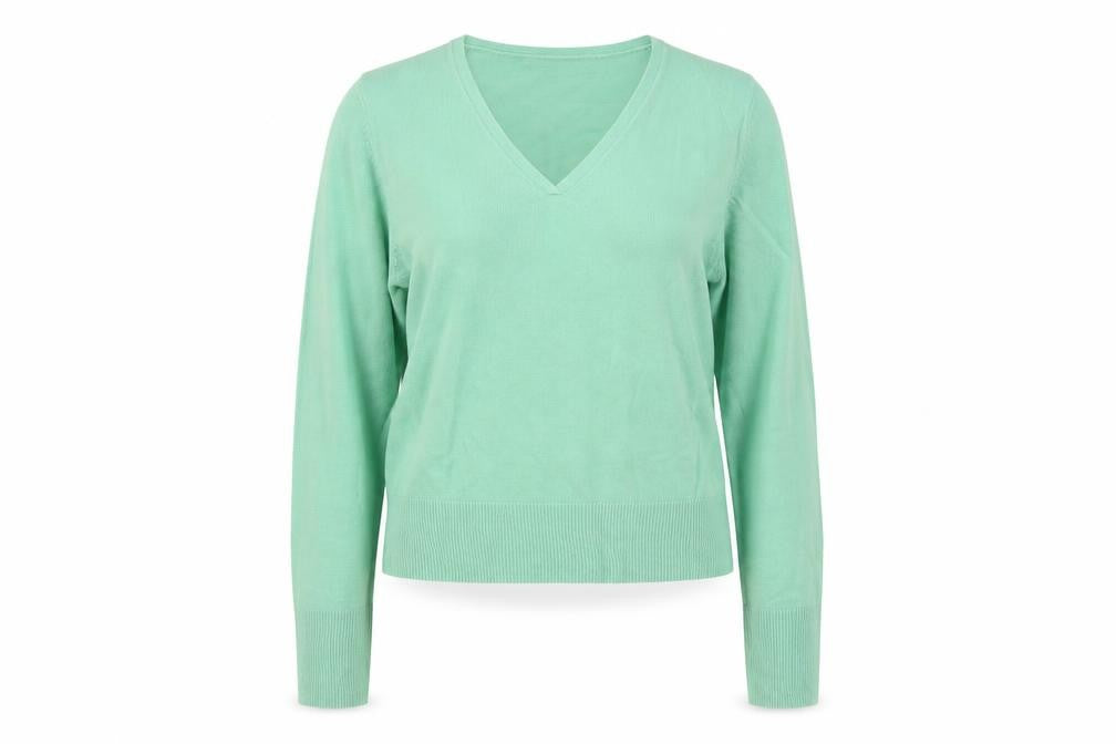 Front view of Ann McCartney women’s green v-neck acrylic jumper, size M